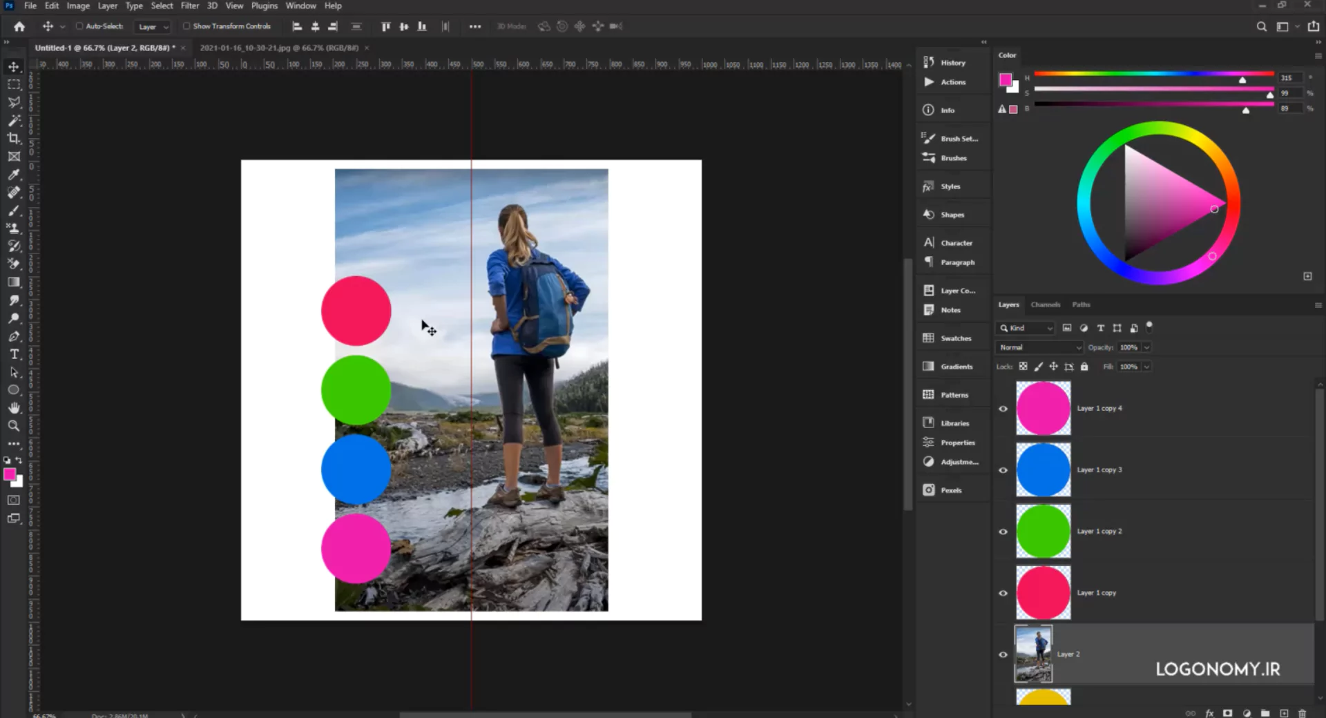 در فتوشاپ (Photoshop) پنل جداگانه ای برای Alignment کردن نداریم. ابزارهای ترازبندی (Alignment) فقط زمانی ظاهر می شوند که لایه ها باهم انتخاب شده باشند.